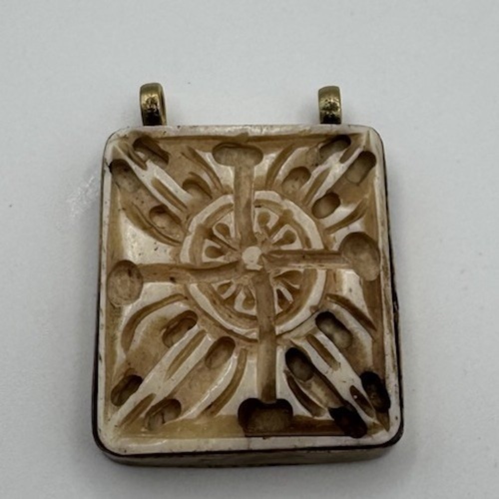 Vintage Carved Square Pendant Cross Design Cream Brown Inlay Double Bail